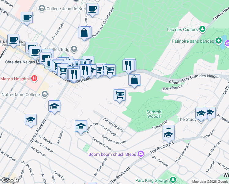map of restaurants, bars, coffee shops, grocery stores, and more near 3445 Avenue Ridgewood in Montréal