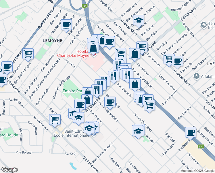 map of restaurants, bars, coffee shops, grocery stores, and more near 255 Rue de Verchères in Longueuil