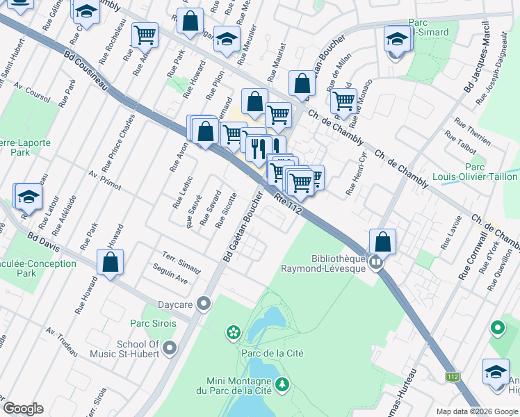 map of restaurants, bars, coffee shops, grocery stores, and more near 3125 Boulevard Gaétan-Boucher in Longueuil