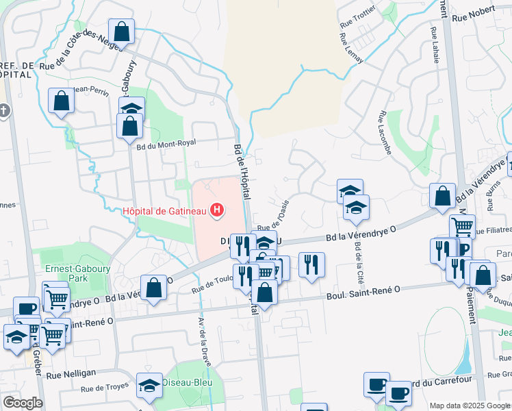 map of restaurants, bars, coffee shops, grocery stores, and more near 520 Boulevard de l'Hôpital in Gatineau