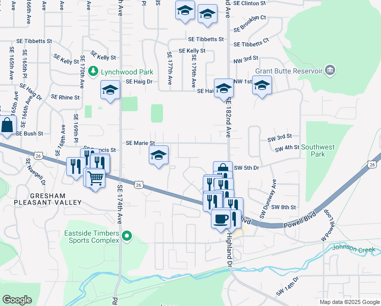map of restaurants, bars, coffee shops, grocery stores, and more near 4515 Powell Boulevard in Gresham