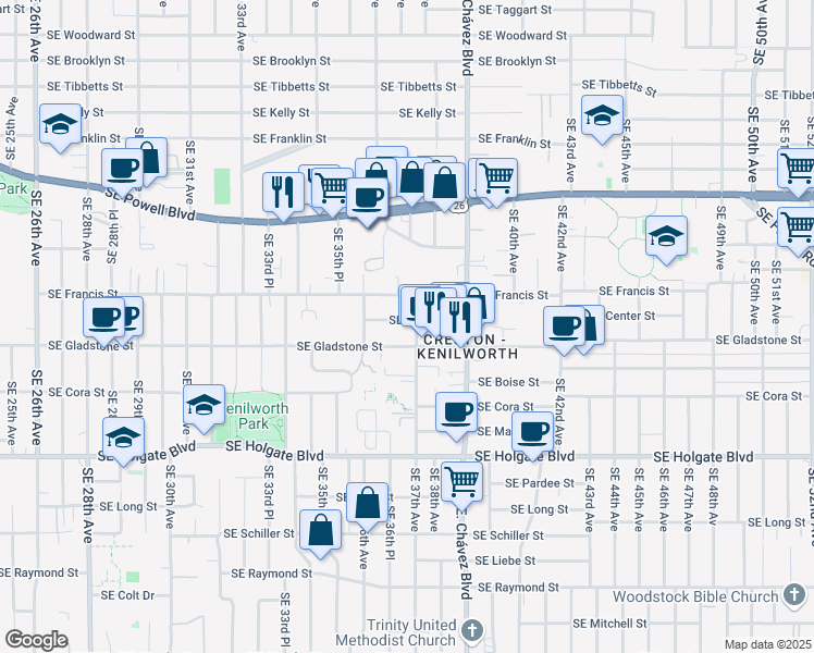 map of restaurants, bars, coffee shops, grocery stores, and more near 3675-3685 Southeast Gladstone Street in Portland