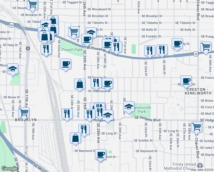 map of restaurants, bars, coffee shops, grocery stores, and more near in Portland