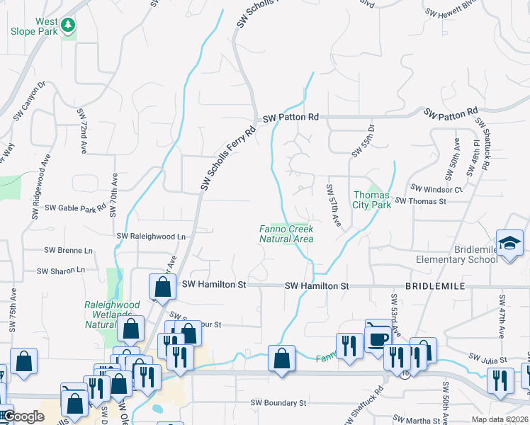 map of restaurants, bars, coffee shops, grocery stores, and more near 6100 Southwest Thomas Street in Portland