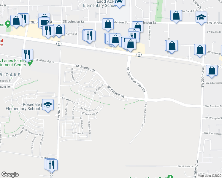 map of restaurants, bars, coffee shops, grocery stores, and more near 7357 Southeast Chinkapin Drive in Hillsboro