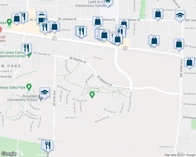 map of restaurants, bars, coffee shops, grocery stores, and more near 7357 Southeast Chinkapin Drive in Hillsboro