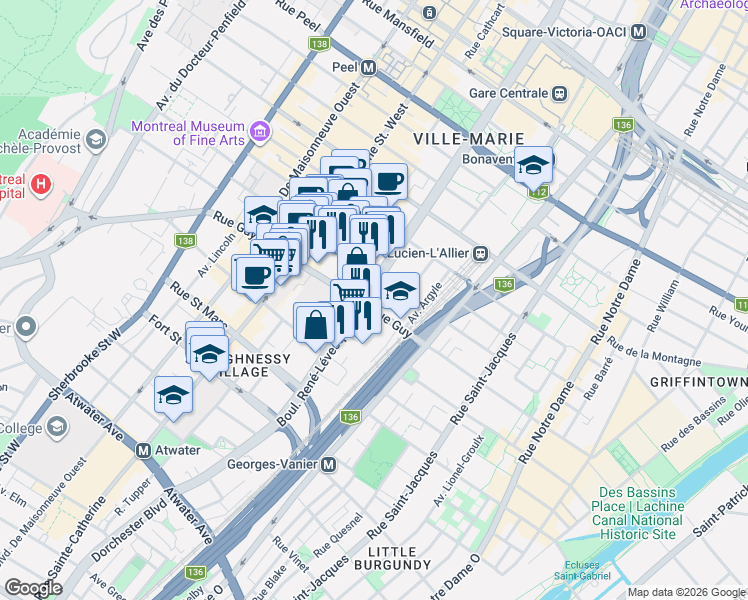 map of restaurants, bars, coffee shops, grocery stores, and more near 1500 Boulevard René-Lévesque Ouest in Montréal