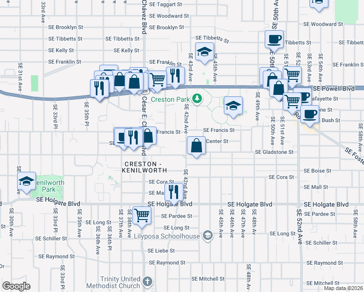 map of restaurants, bars, coffee shops, grocery stores, and more near 4015 SE 42nd Ave in Portland