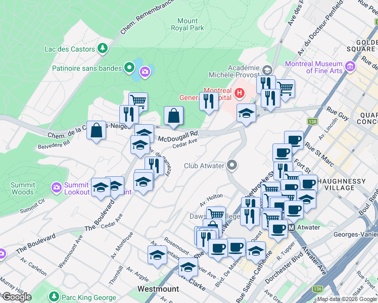 map of restaurants, bars, coffee shops, grocery stores, and more near 3150 Place de Ramezay in Montréal