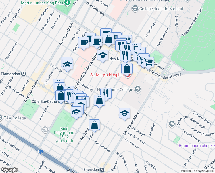 map of restaurants, bars, coffee shops, grocery stores, and more near 4038 Boulevard Édouard-Montpetit in Montréal
