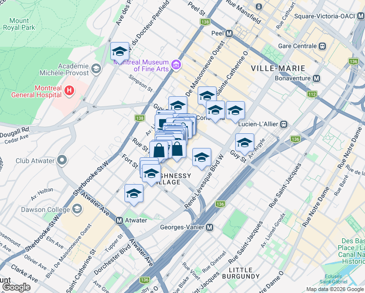 map of restaurants, bars, coffee shops, grocery stores, and more near 1628 Rue Sainte-Catherine Ouest in Montréal