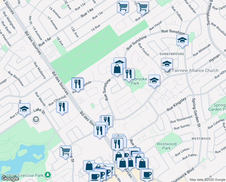 map of restaurants, bars, coffee shops, grocery stores, and more near 23 Rue Kieffer in Dollard-des-Ormeaux