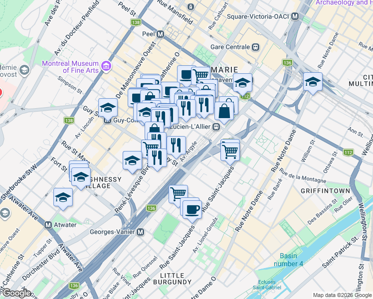 map of restaurants, bars, coffee shops, grocery stores, and more near 1463 Avenue Argyle in Montréal