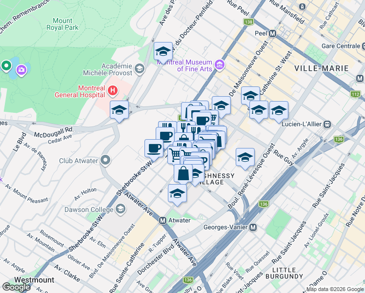 map of restaurants, bars, coffee shops, grocery stores, and more near 1900 Avenue Lincoln in Montréal