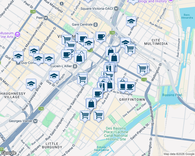 map of restaurants, bars, coffee shops, grocery stores, and more near 651 Rue de la Montagne in Montréal