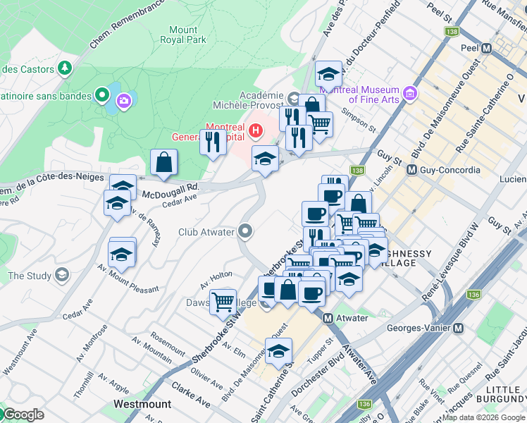 map of restaurants, bars, coffee shops, grocery stores, and more near 3577 Atwater Avenue in Montrã©Al