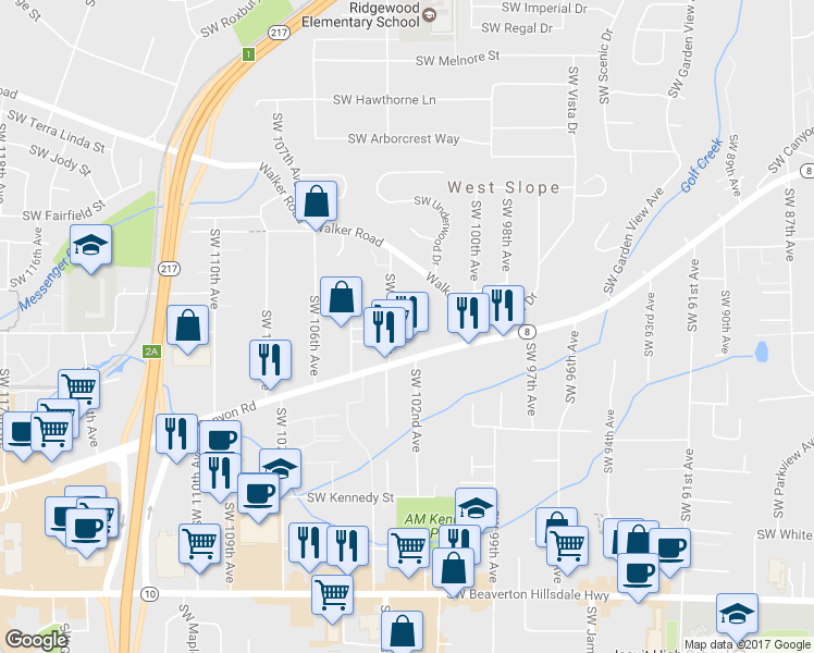 map of restaurants, bars, coffee shops, grocery stores, and more near 10303 Southwest Ridgepath Lane in Beaverton