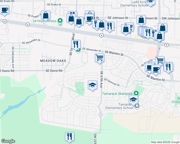 map of restaurants, bars, coffee shops, grocery stores, and more near 6487 Southeast Nasha Street in Hillsboro