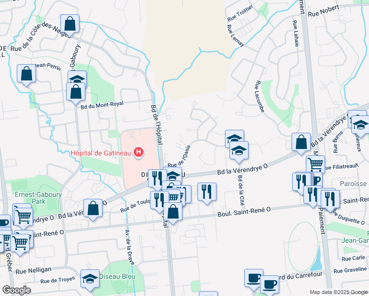 map of restaurants, bars, coffee shops, grocery stores, and more near 887 Rue de l'Oasis in Gatineau