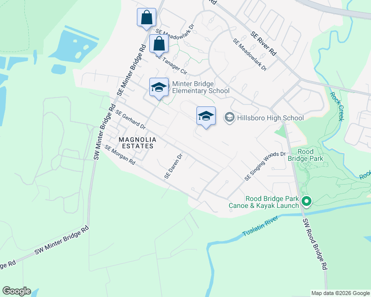 map of restaurants, bars, coffee shops, grocery stores, and more near 3565 Southeast Daren Drive in Hillsboro