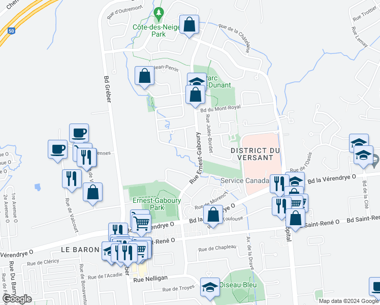 map of restaurants, bars, coffee shops, grocery stores, and more near 19 Rue Albert-Einstein in Gatineau