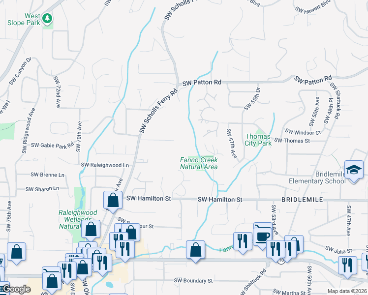 map of restaurants, bars, coffee shops, grocery stores, and more near 6100 Southwest Thomas Street in Portland