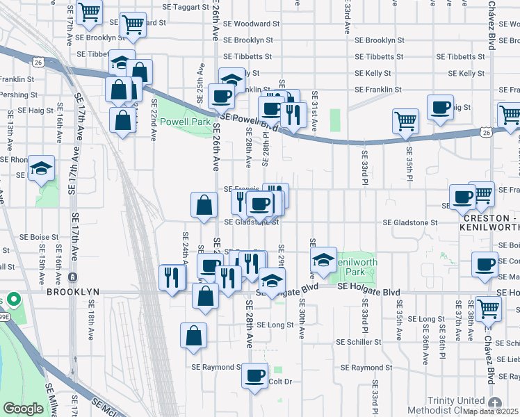 map of restaurants, bars, coffee shops, grocery stores, and more near 4003 Southeast 28th Place in Portland