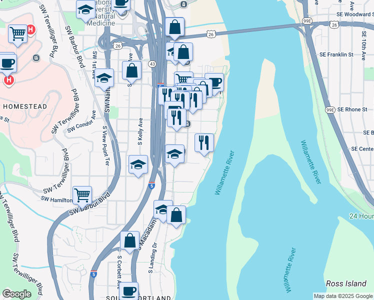 map of restaurants, bars, coffee shops, grocery stores, and more near SW Bond Ave & SW Lowell St in Portland