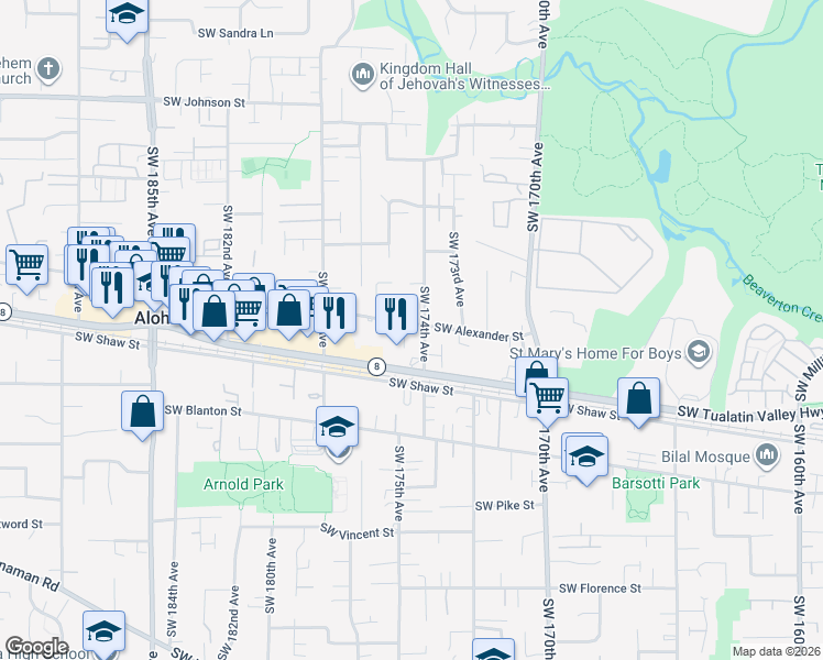 map of restaurants, bars, coffee shops, grocery stores, and more near 3575 Southwest 174th Avenue in Beaverton