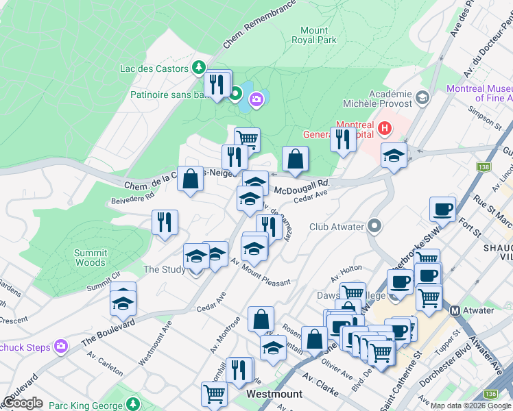 map of restaurants, bars, coffee shops, grocery stores, and more near 3100 The Boulevard in Montréal
