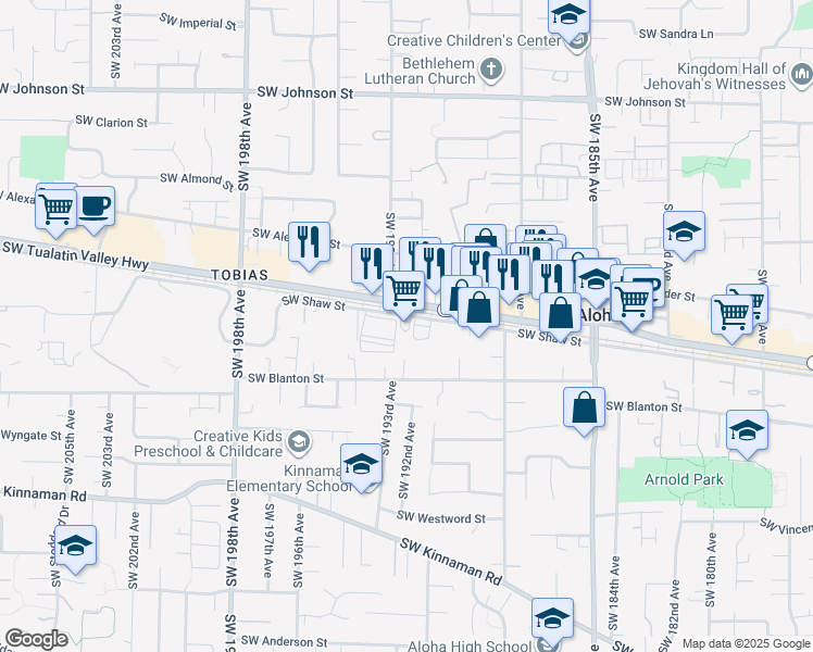 map of restaurants, bars, coffee shops, grocery stores, and more near 19100 Southwest Shaw Street in Beaverton