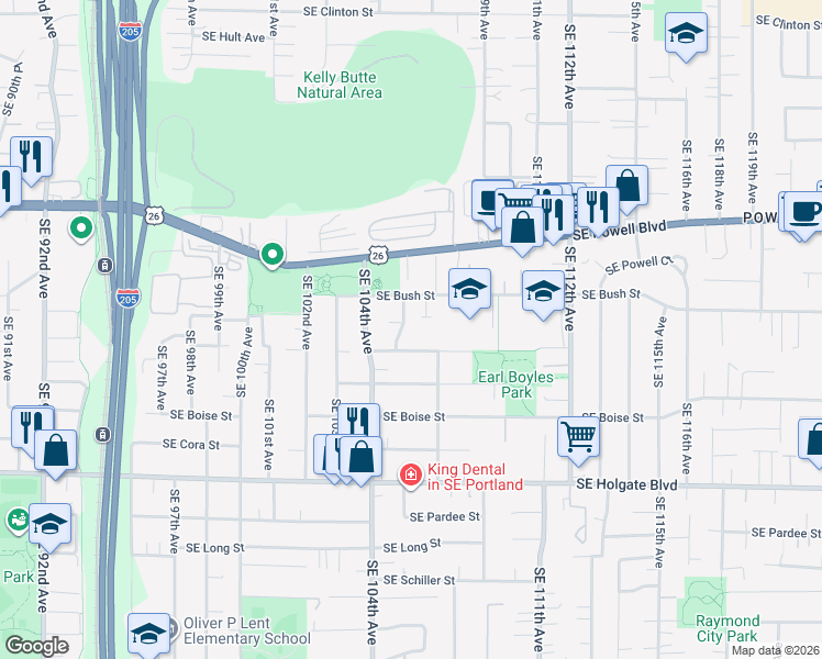 map of restaurants, bars, coffee shops, grocery stores, and more near 3914 Southeast 105th Avenue in Portland