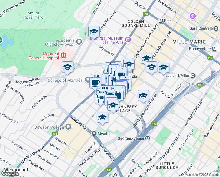 map of restaurants, bars, coffee shops, grocery stores, and more near 2125 Rue Saint Marc in Montréal