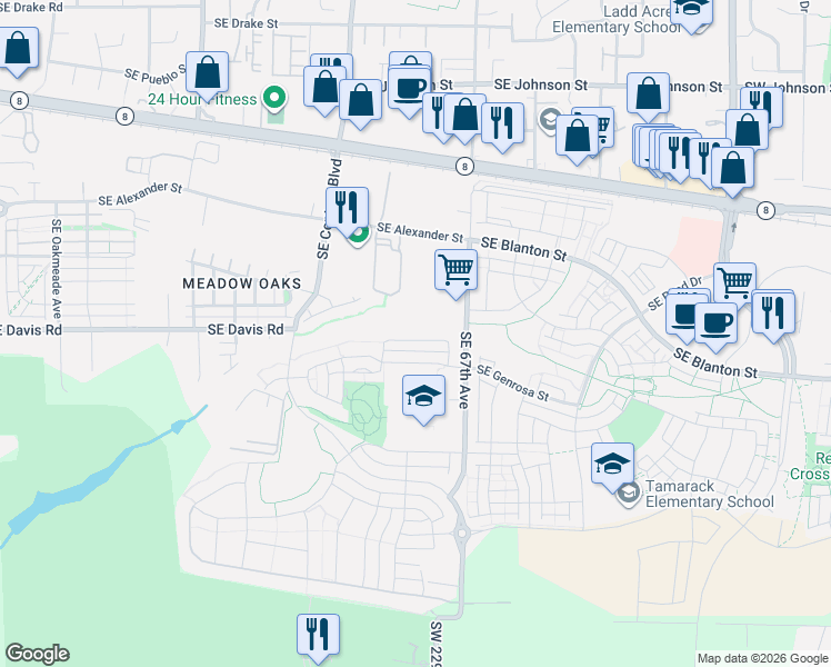 map of restaurants, bars, coffee shops, grocery stores, and more near 6497 Southeast Nasha Street in Hillsboro