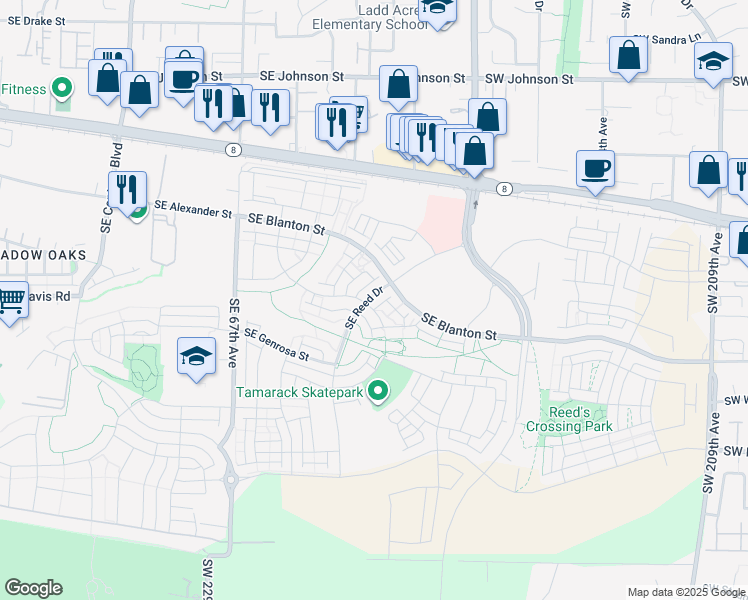 map of restaurants, bars, coffee shops, grocery stores, and more near 3520 Southeast Birchleaf Street in Hillsboro