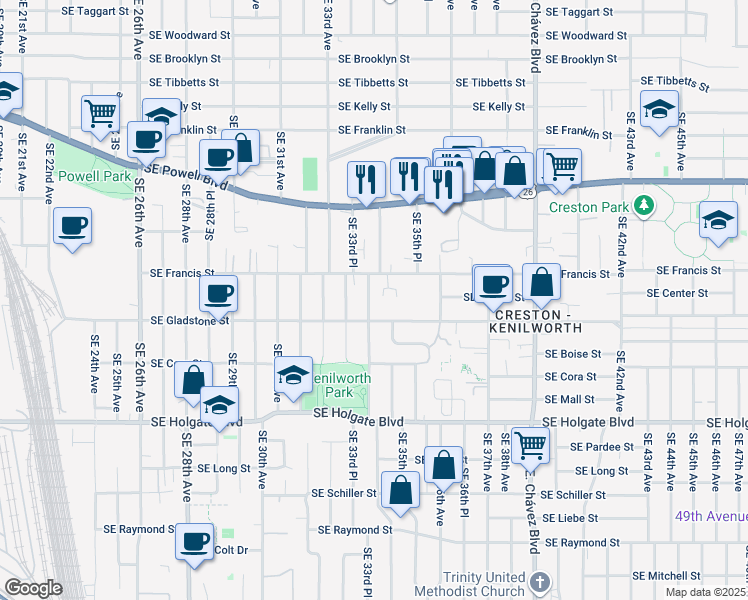 map of restaurants, bars, coffee shops, grocery stores, and more near 4028 Southeast 34th Avenue in Portland