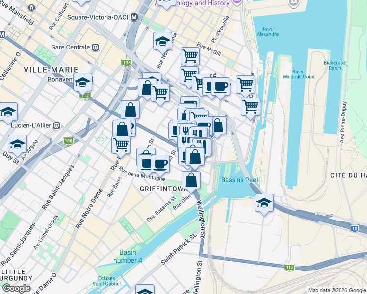 map of restaurants, bars, coffee shops, grocery stores, and more near 235 Rue Peel in Montrã©Al