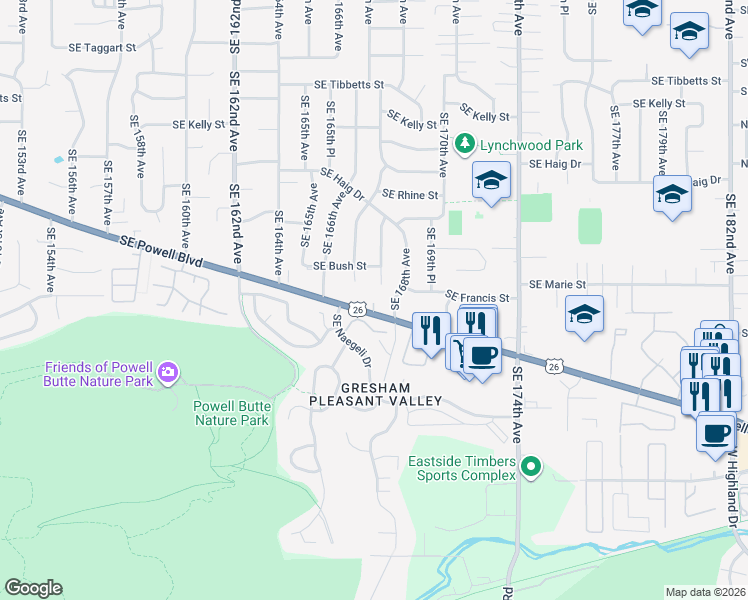 map of restaurants, bars, coffee shops, grocery stores, and more near 16619 Southeast Naegeli Drive in Portland