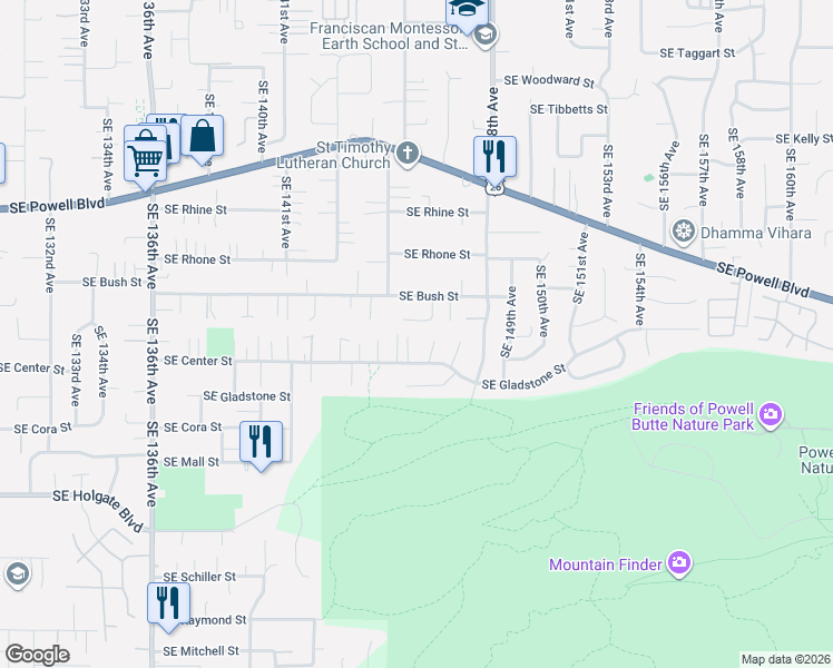 map of restaurants, bars, coffee shops, grocery stores, and more near 14501 Southeast Center Street in Portland
