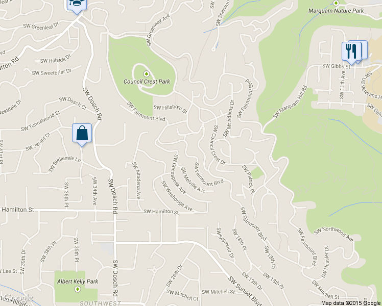 map of restaurants, bars, coffee shops, grocery stores, and more near 4224 Southwest Melville Avenue in Portland
