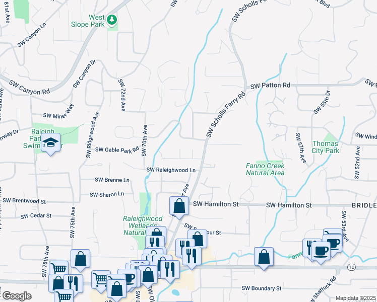 map of restaurants, bars, coffee shops, grocery stores, and more near 6620 Southwest Preslynn Drive in Portland