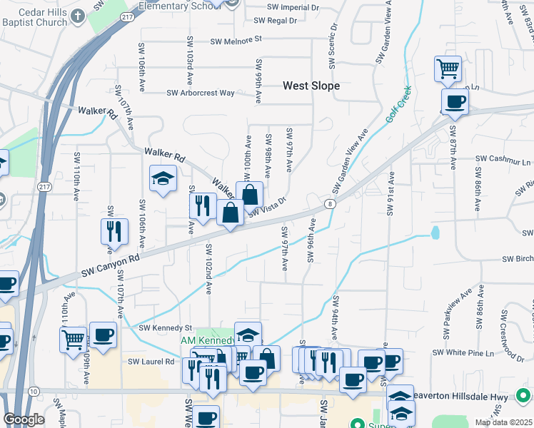 map of restaurants, bars, coffee shops, grocery stores, and more near 9900 Oregon 8 in Beaverton
