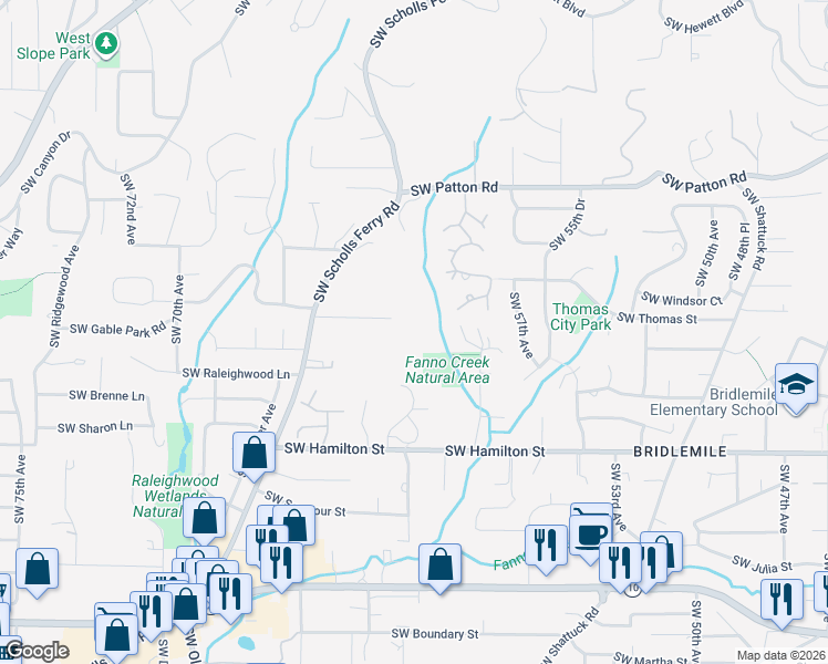 map of restaurants, bars, coffee shops, grocery stores, and more near 6100 Southwest Thomas Street in Portland