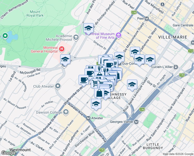 map of restaurants, bars, coffee shops, grocery stores, and more near 1955 Avenue Lincoln in Montréal
