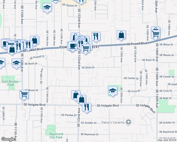map of restaurants, bars, coffee shops, grocery stores, and more near 12330 Southeast Bush Street in Portland