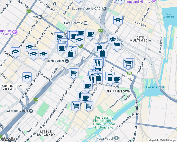 map of restaurants, bars, coffee shops, grocery stores, and more near 583 Rue de la Montagne in Montréal