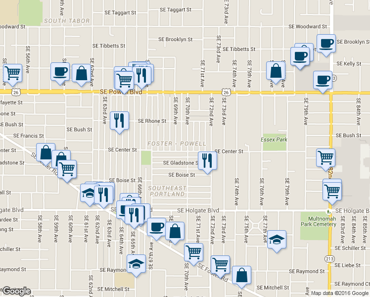 map of restaurants, bars, coffee shops, grocery stores, and more near 3929 Southeast 70th Avenue in Portland