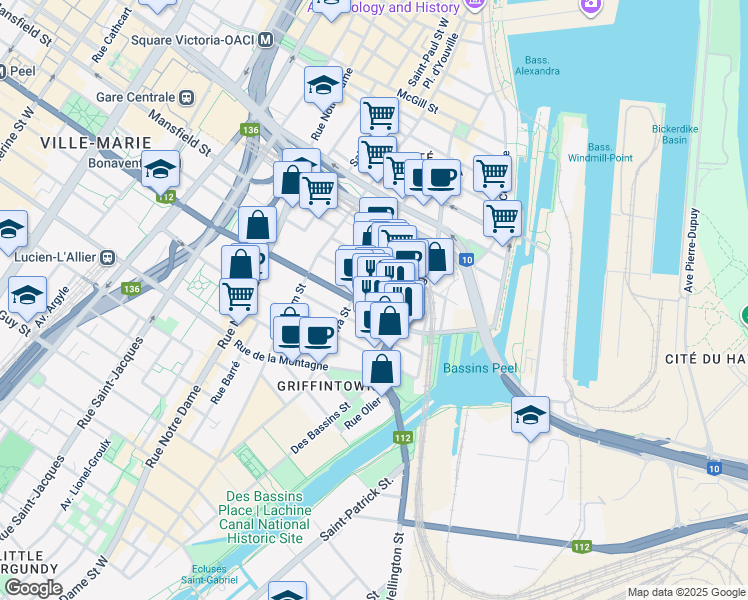 map of restaurants, bars, coffee shops, grocery stores, and more near in Montreal