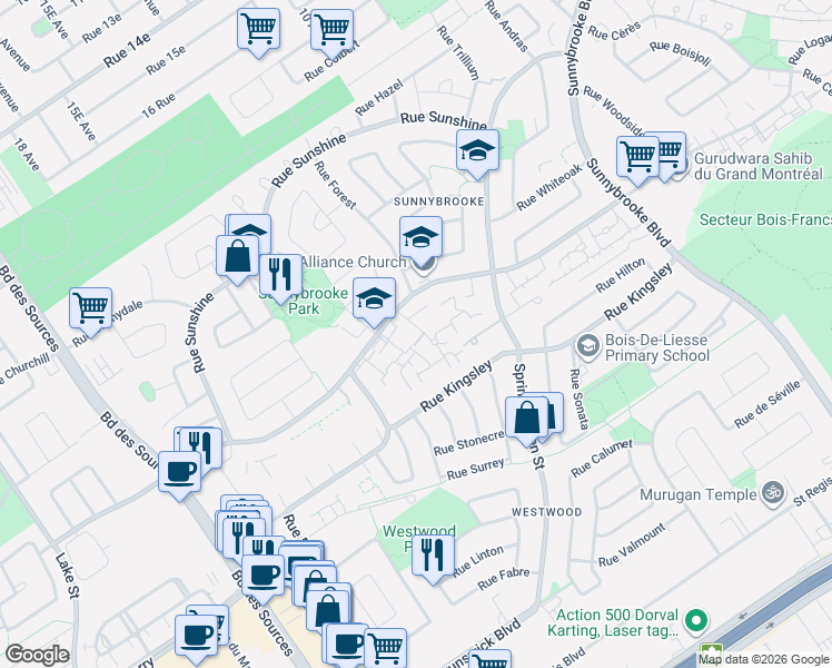 map of restaurants, bars, coffee shops, grocery stores, and more near 103 Rue Angora in Dollard-des-Ormeaux