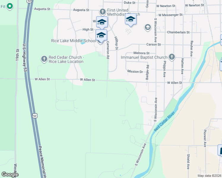 map of restaurants, bars, coffee shops, grocery stores, and more near 633 Cameron Road in Rice Lake